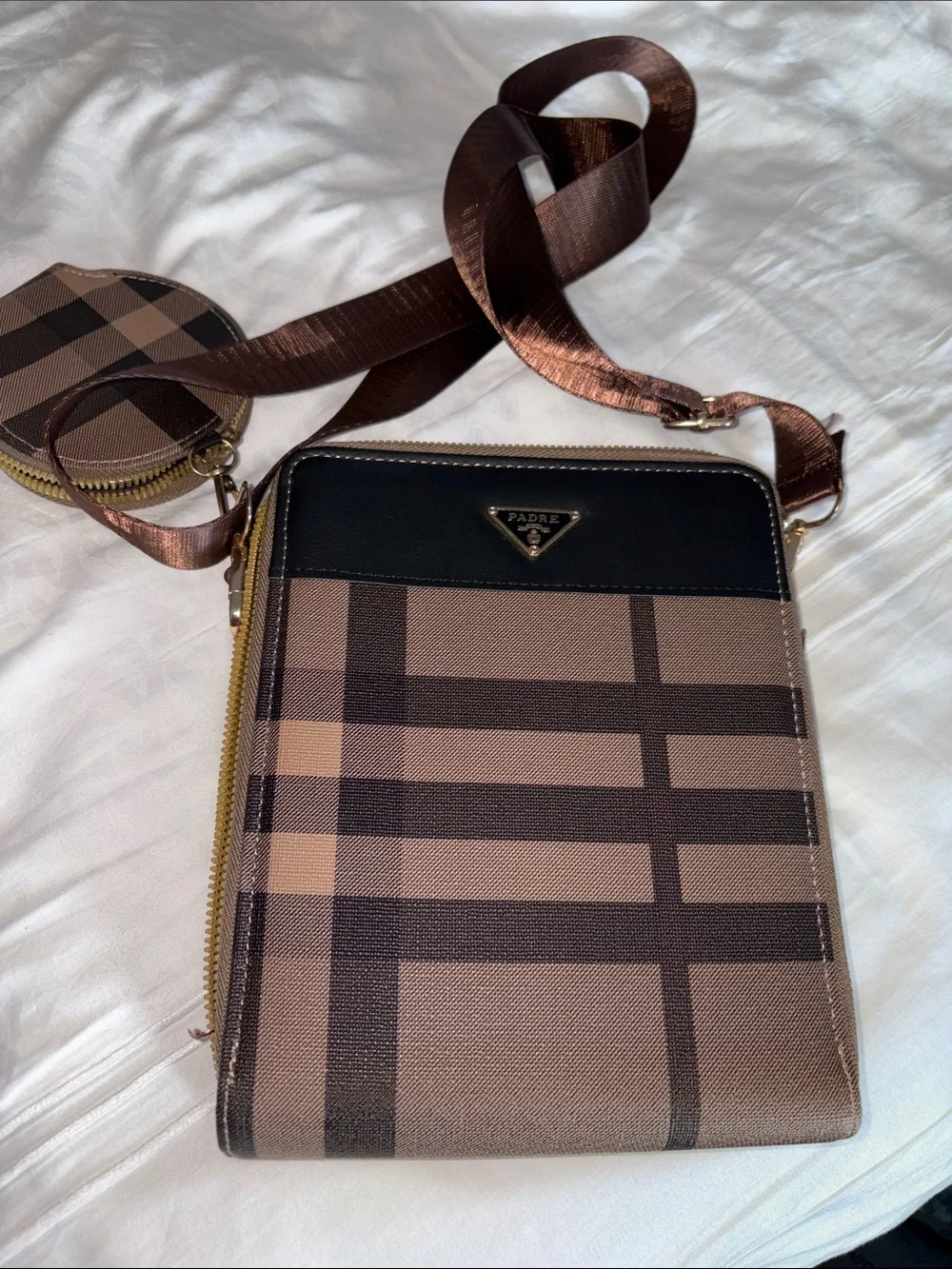 Source Unknown Taupe and Dark Brown Plaid Crossbody Messenger Bag